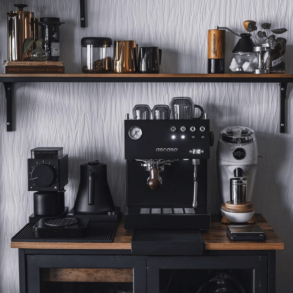 Coffee equipment on wooden shelf